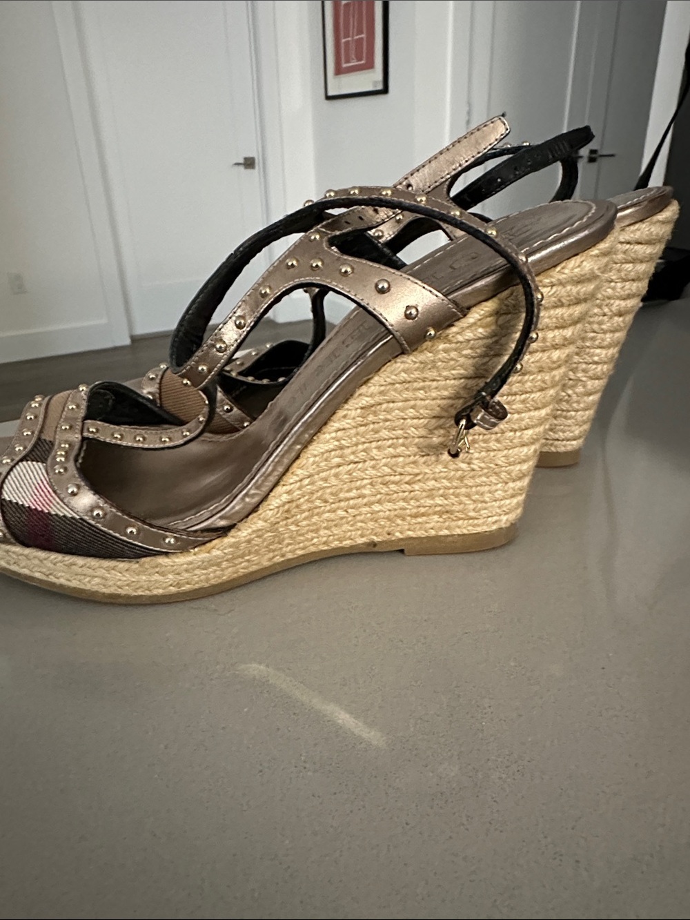 Burberry Metallic Brown Studded Wedge Sandals with Signature Stripe - Picture 4 of 5